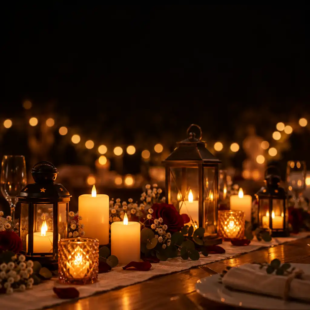 Bougies LED et lanternes décoratives sur une table de fête