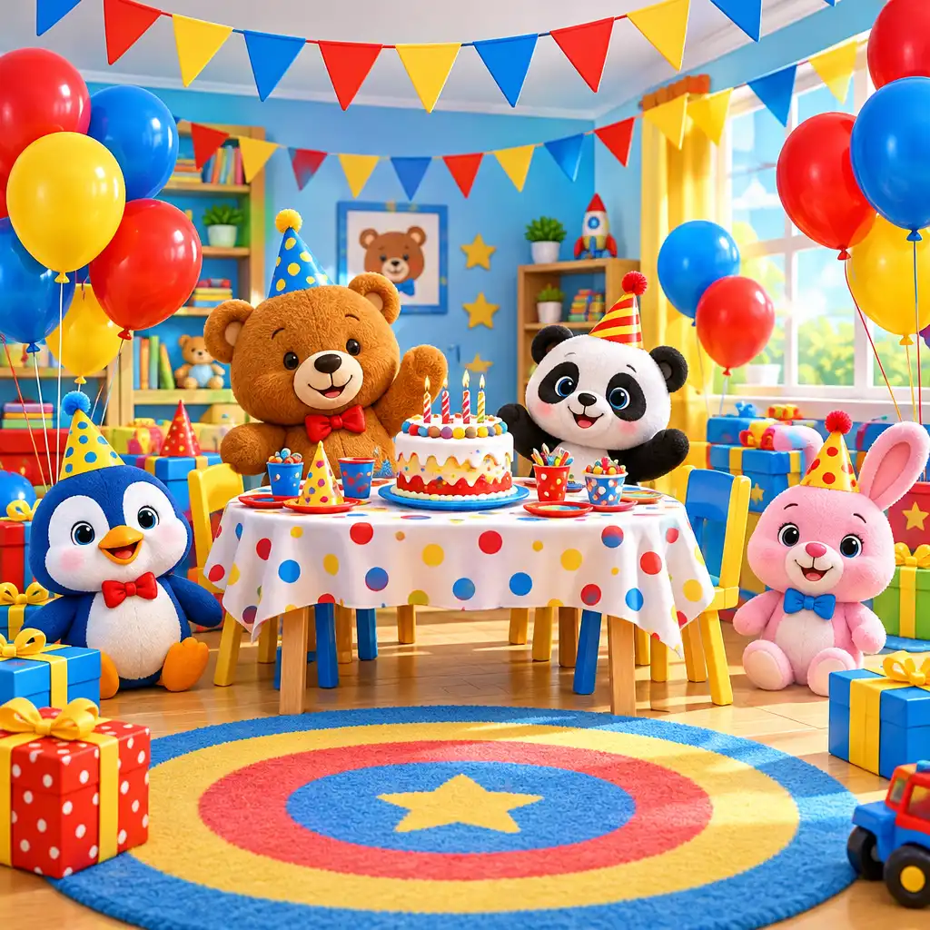 Concept d'anniversaire enfant avec ballons colorés, banderoles et gâteau