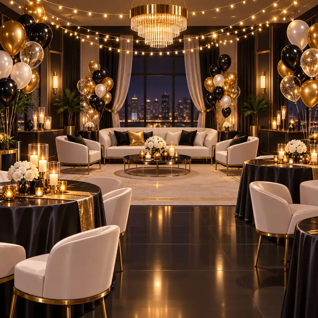 Concept de décoration glamour avec tons or, noir et blanc et guirlandes lumineuses