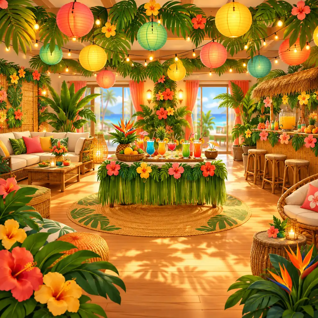Concept de décoration tropicale avec feuilles de palmier et lanternes colorées