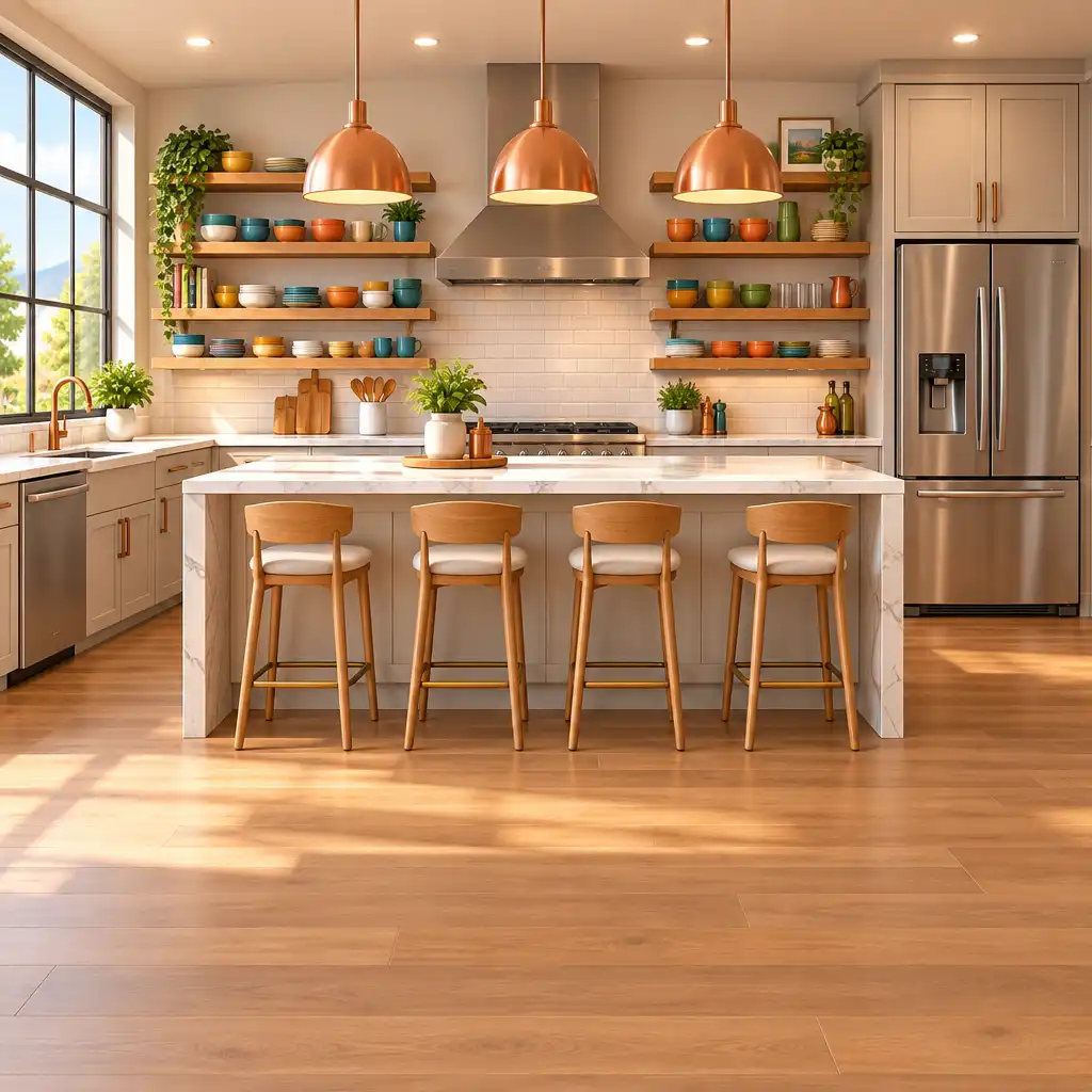 Cuisine moderne avec îlot central, tabourets hauts et suspensions lumineuses