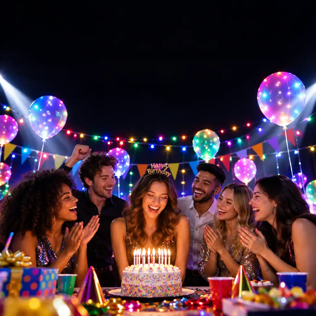 Fête d'anniversaire avec guirlandes multicolores et ballons LED flottants