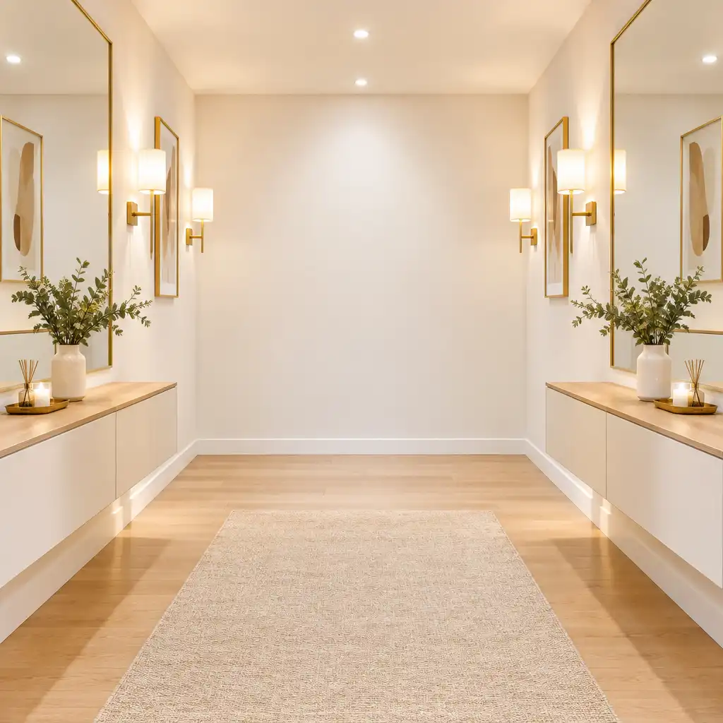 Petite pièce transformée par un éclairage clair et uniforme avec miroirs