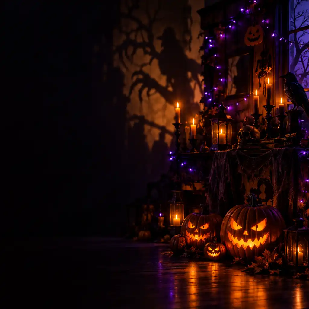 Pièce sombre décorée pour Halloween avec bougies vacillantes et spots orange