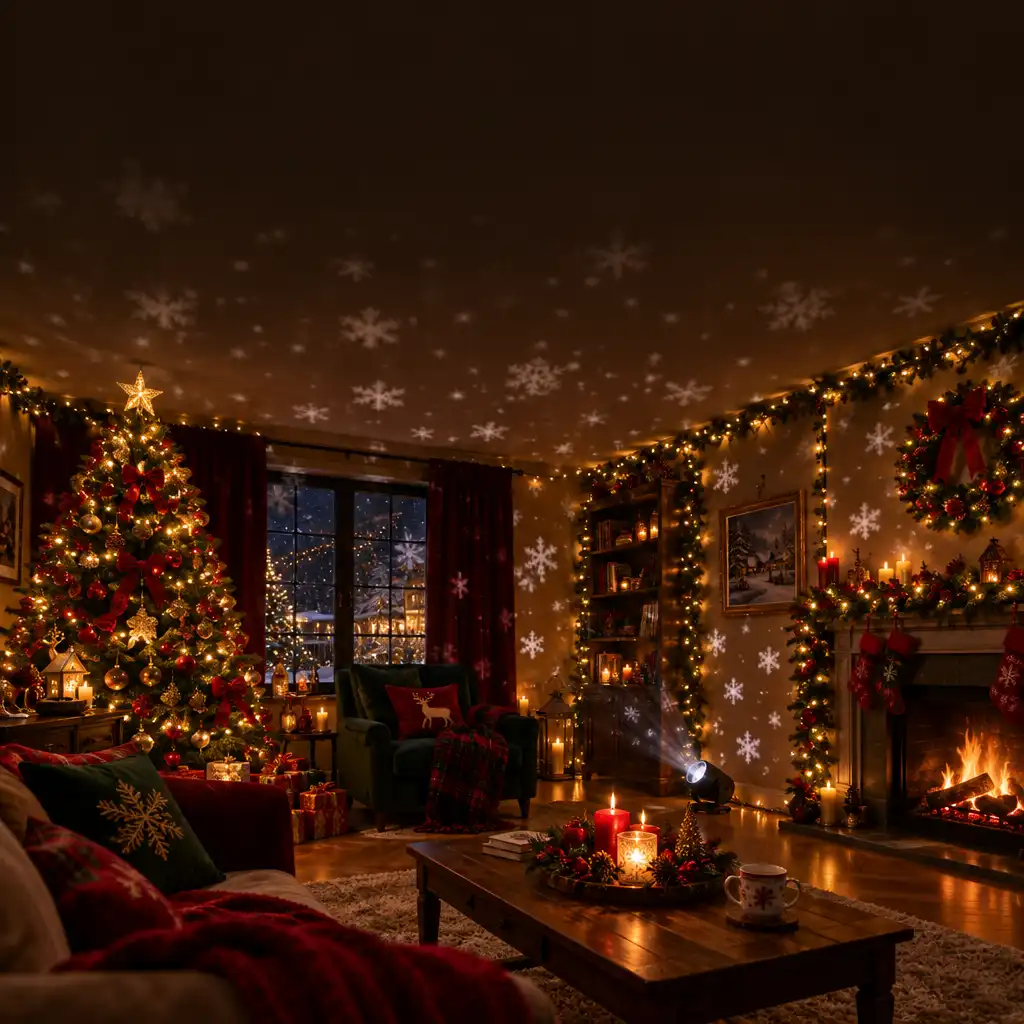 Salon décoré pour Noël avec guirlandes chaudes et projecteur de flocons