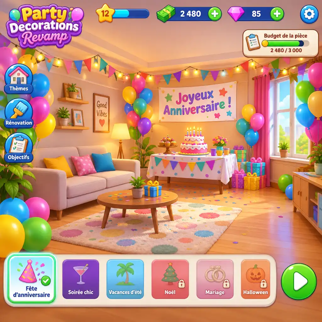 Capture d'écran de Party Decorations Revamp montrant une pièce décorée pour une fête d'anniversaire avec ballons, guirlandes et éclairage chaleureux