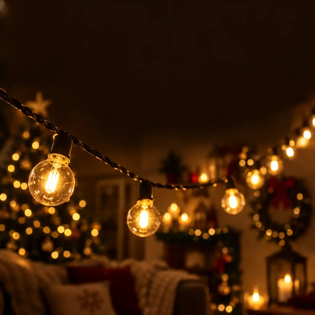 Guirlandes lumineuses suspendues dans une pièce sombre avec une lueur dorée