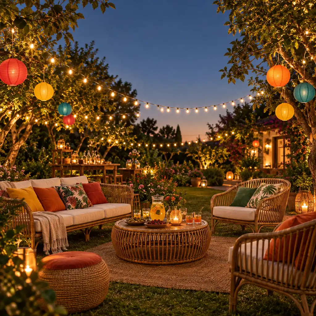 Jardin de fête en soirée avec guirlandes lumineuses et mobilier en rotin