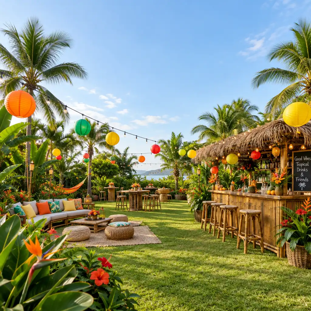 Jardin tropical avec palmiers, lanternes colorées et bar en bambou