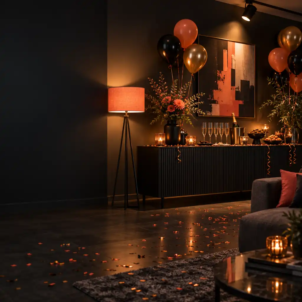 Lampe sur pied et spot orientable mettant en valeur un buffet décoré