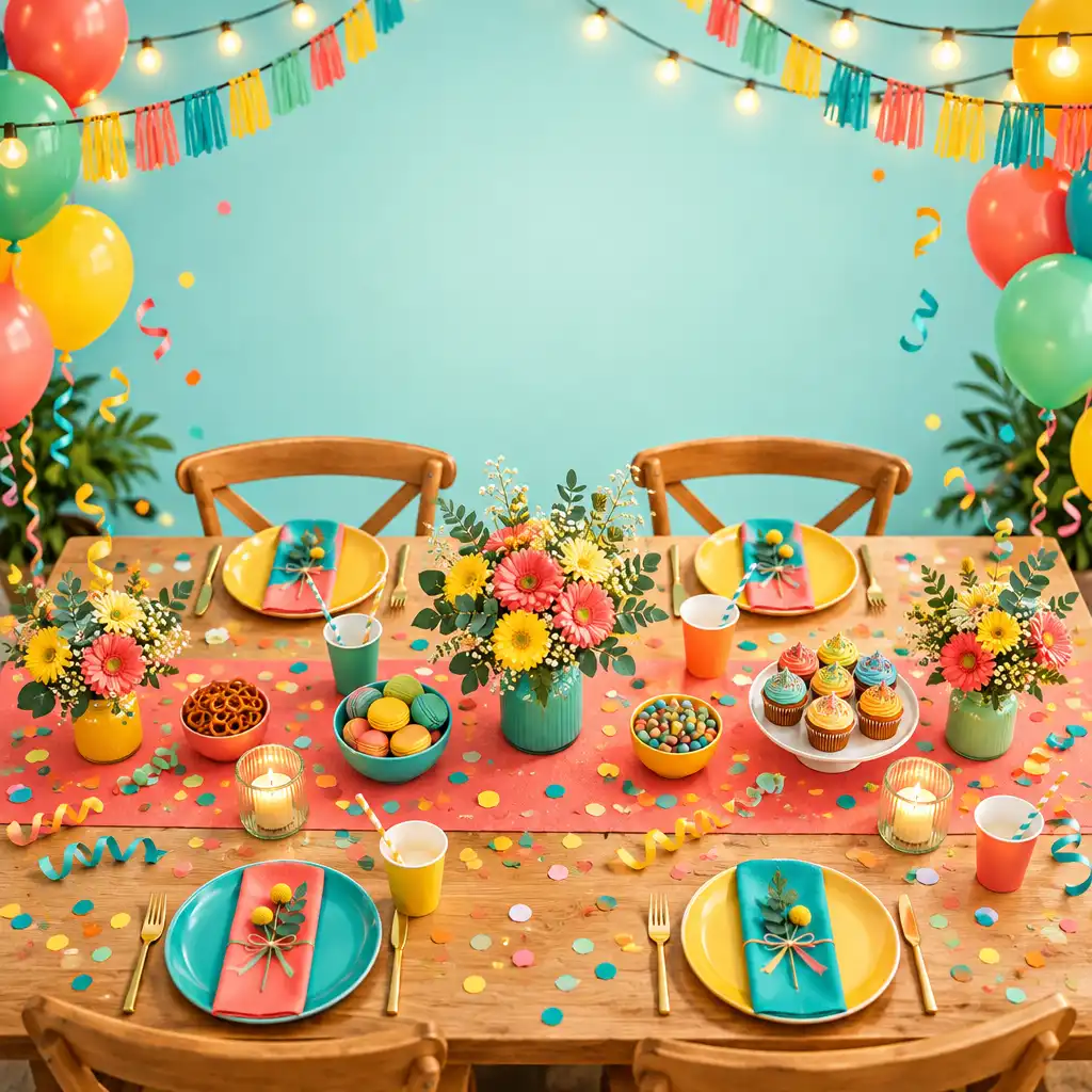 Table de fête décorée avec ballons, guirlandes et accessoires dans Party Decorations Revamp