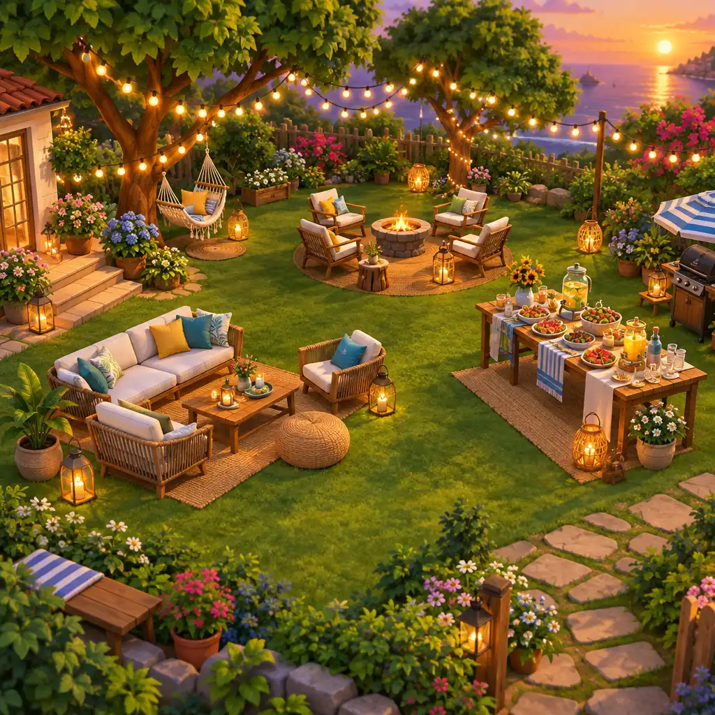 Jardin de fête aménagé avec guirlandes lumineuses et mobilier de jardin
