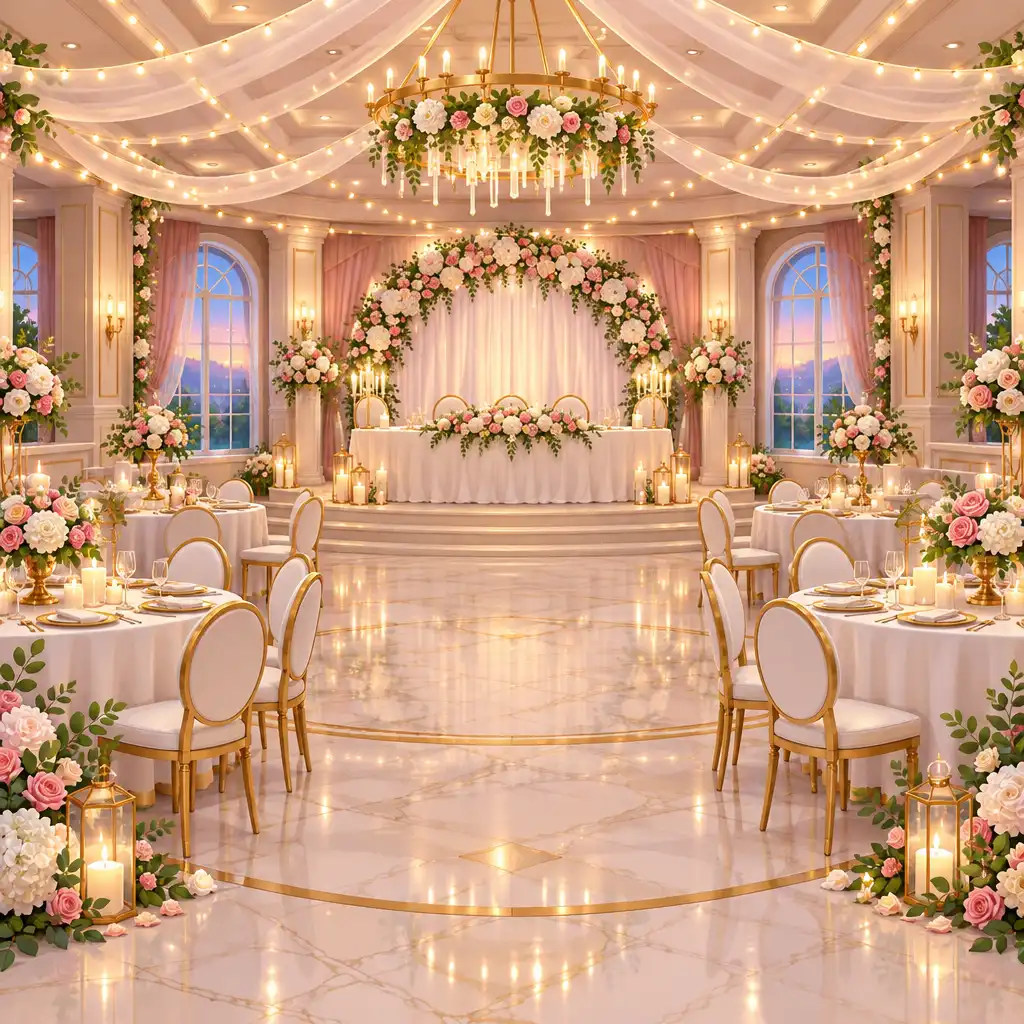 Salon de réception rénové pour un mariage avec décorations florales et éclairage romantique