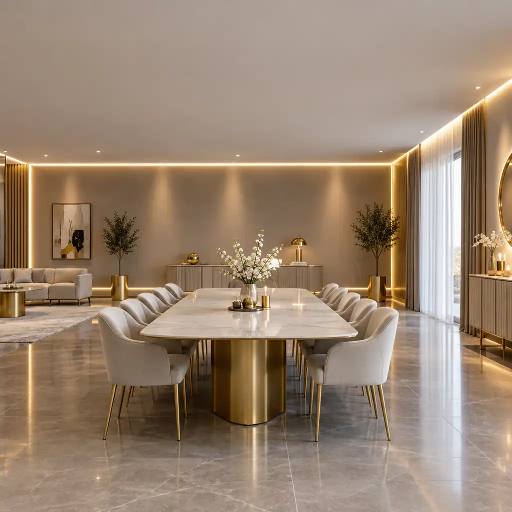 Salle de réception moderne avec éclairage LED et mobilier contemporain