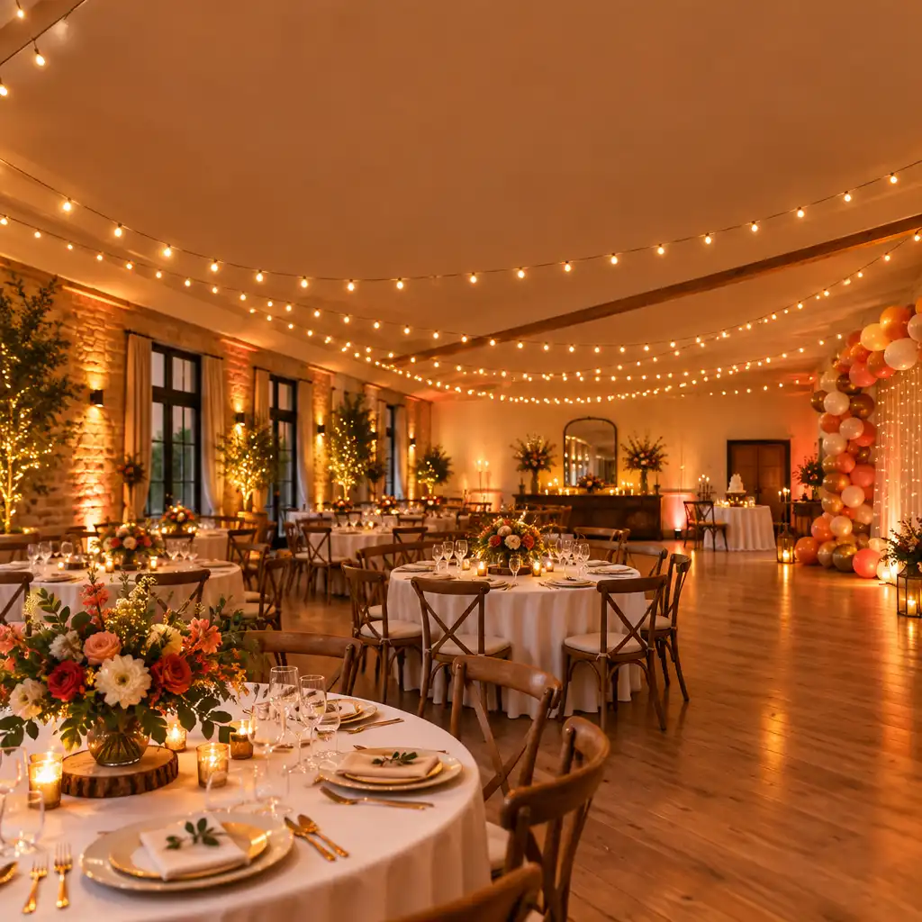 Salle de réception rénovée avec guirlandes lumineuses chaudes et ballons colorés