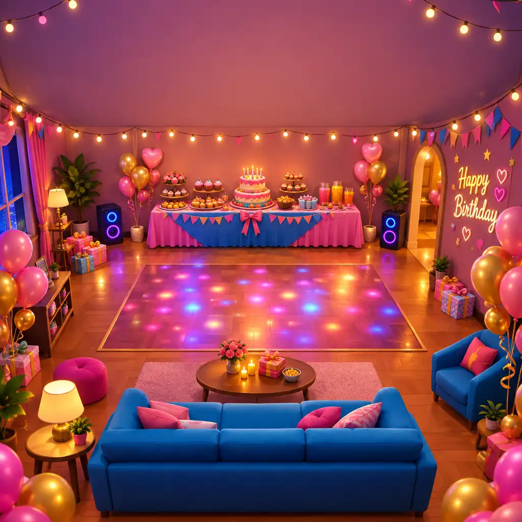 Salon de fête d'anniversaire avec canapé face à la table de buffet, ballons et éclairage chaud