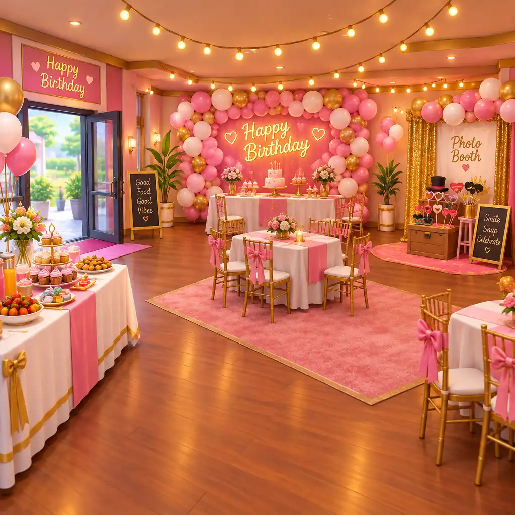 Salle de fête sur le thème anniversaire dans Party Decorations Revamp avec un mur de ballons roses et blancs, une table de buffet, un coin photo et des guirlandes lumineuses