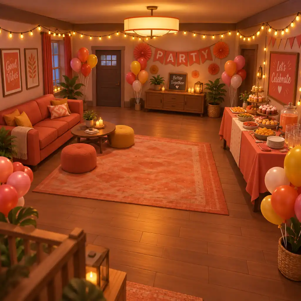 Pièce de fête dans Party Decorations Revamp éclairée par un plafonnier chaud et des guirlandes lumineuses, avec des ballons colorés et une table de buffet