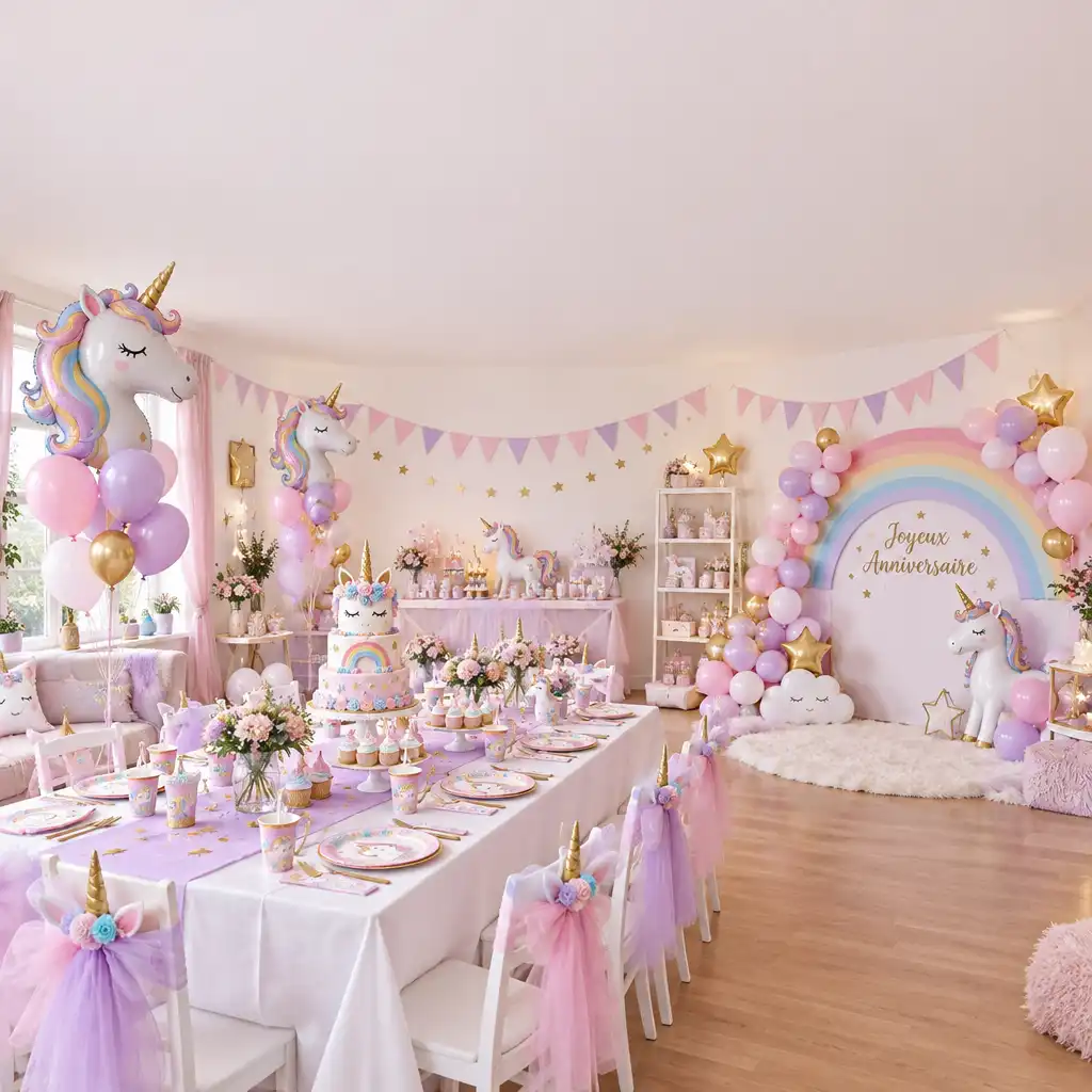 Suite d'anniversaire décorée sur le thème licorne avec ballons pastel et coin photo