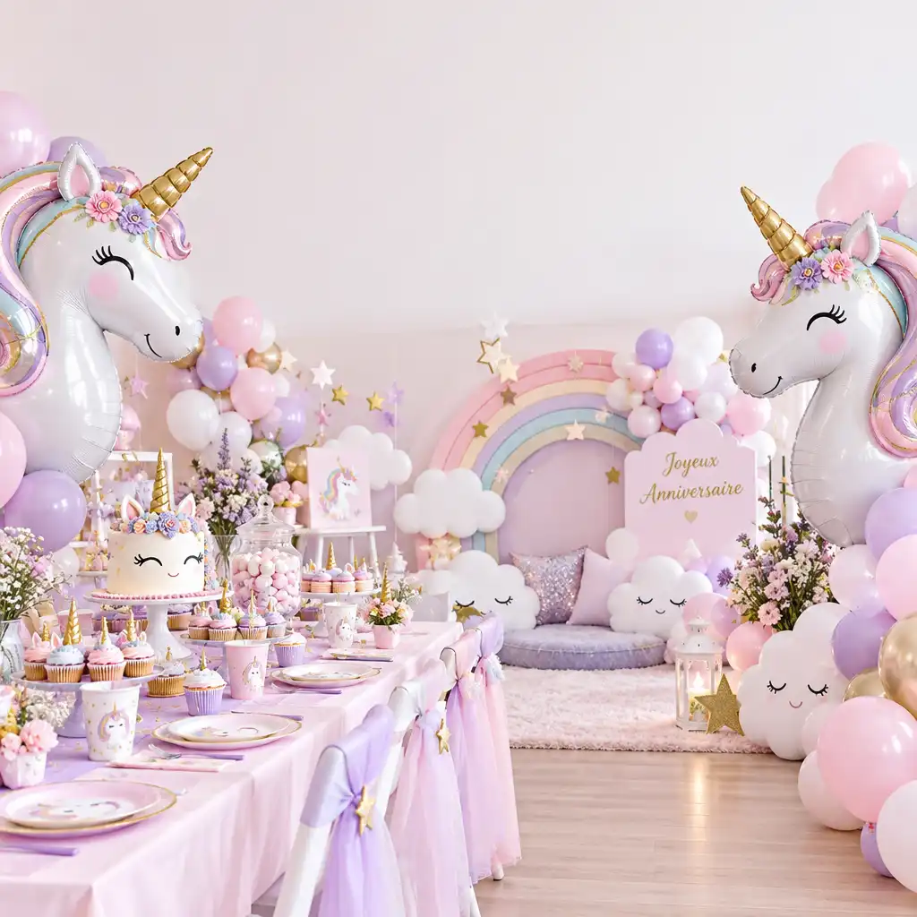 Suite d'anniversaire licorne avec ballons géants et coin photo arc-en-ciel