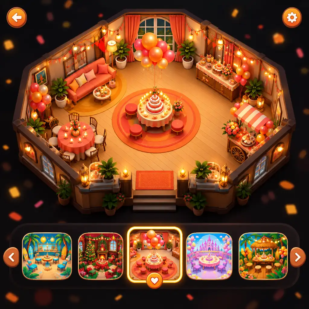 Interface de sélection de thème dans Party Decorations Revamp avec des vignettes colorées